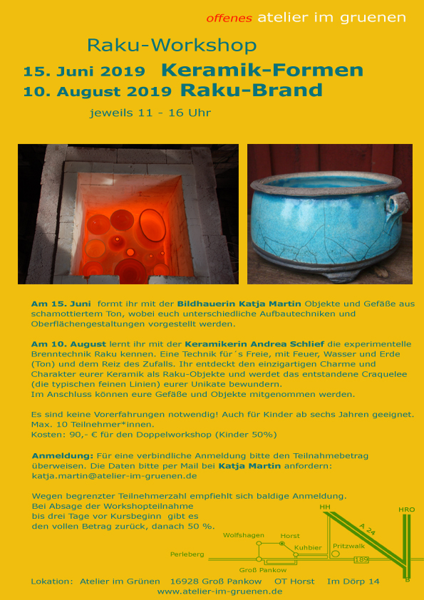 Workshop Keramik mit Raku-Brand, 15. Juni und 10. August 2019, Plakat mit näheren Infos